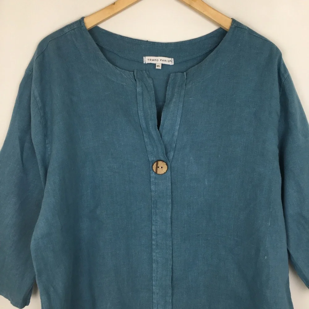 Tempo Paris 100% Linen Tunic Top Blue Women’s M/L Lagenlook - Picture 2 of 12